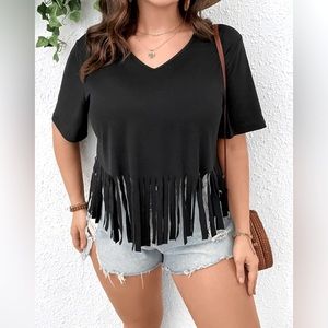 Women's Solid Fringe Hem V Neck T Shirt